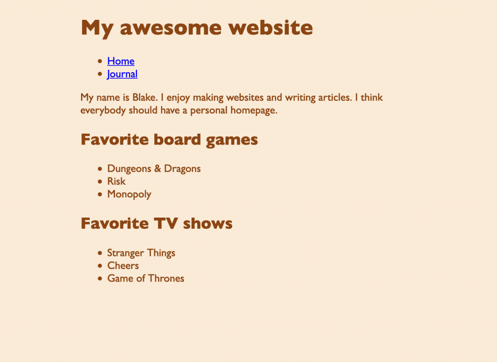 Screenshot of webpage showing the colors applied.